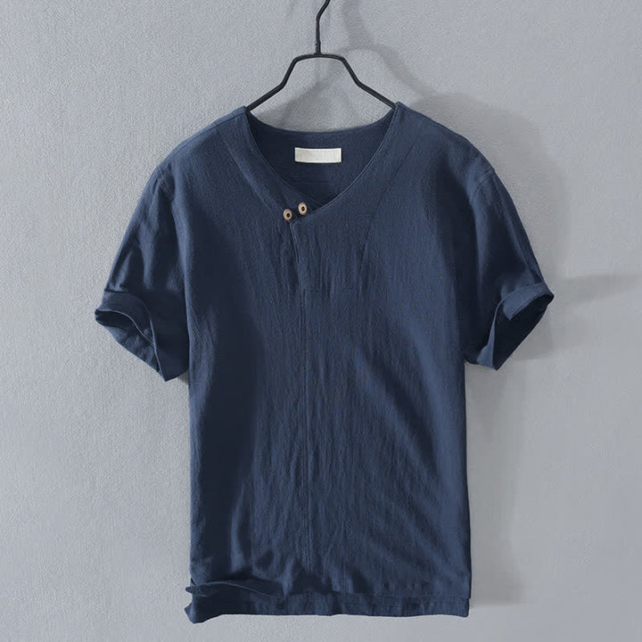 Buddha Stones Camicia da uomo estiva casual asimmetrica a maniche corte con scollo a V e bottoni. - Blu reale - US/UK/AU42, EU52 (3XL) - image 8