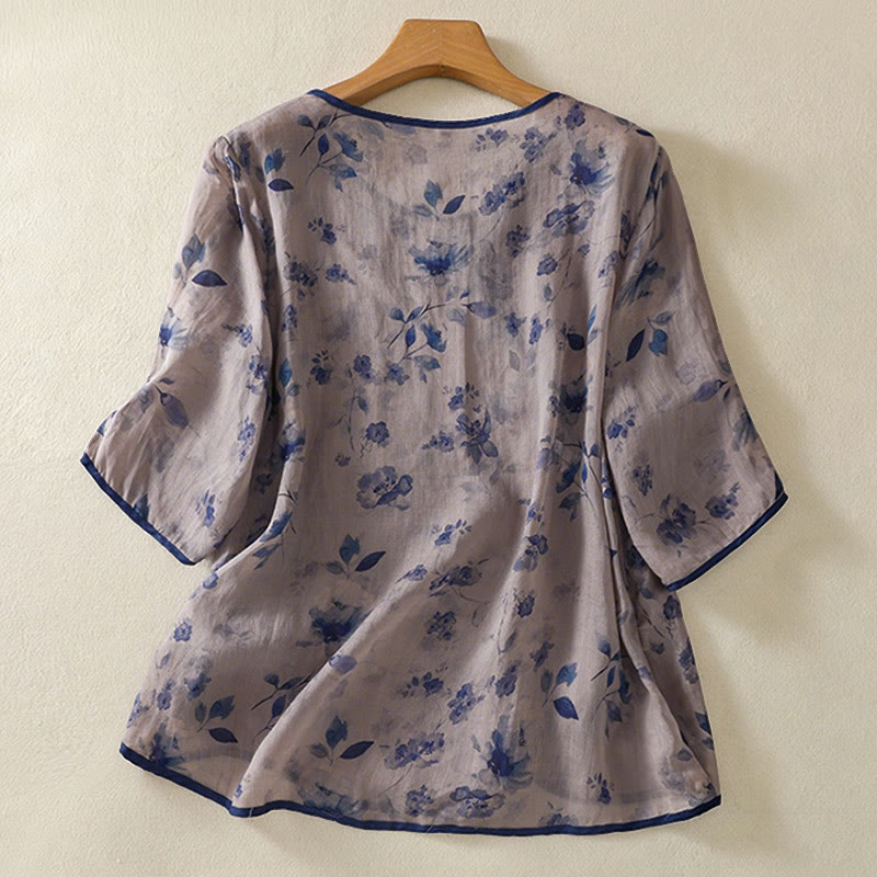 Buddha Stones Camicia da donna estiva a maniche a tre quarti con scollo rotondo e stampa floreale a rana, con bottoni a forma di rana. - image 1