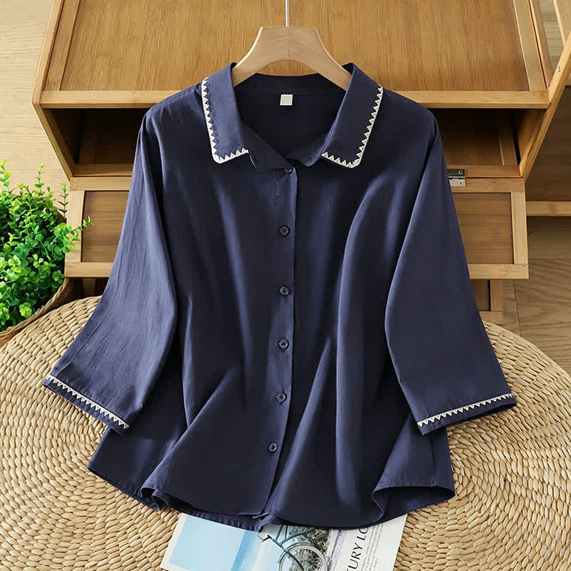 Buddha Stones Camicia da donna estiva casual minimalista a maniche corte con bottoni e linea ondulata. - Blu notte - US8-10, UK/AU12-14, EU40-42 (2XL) - image 0