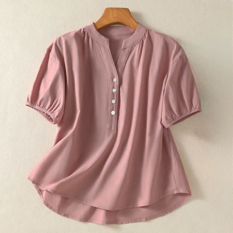 Buddha Stones Camicia da donna estiva casual a maniche corte con colletto alla coreana, mezzo bottone e maniche a sbuffo, tinta unita. - Marrone rosato - US8-10, UK/AU12-14, EU40-42 (2XL) - image 8