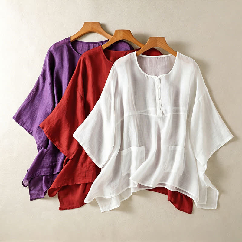 Camicia da donna a maniche corte, stile boho, estiva, casual, con tasche applicate e mezzo bottone, con Buddha Stones. - image 24