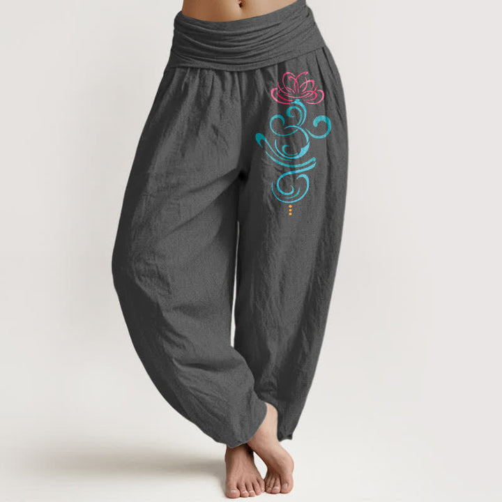 Buddha Stones Pantaloni harem da donna in puro cotone, rosa intenso con motivo a spirale blu loto e vita elasticizzata. - Grigio tenue - US16, UK/AU20, EU48 (3XL) - image 8