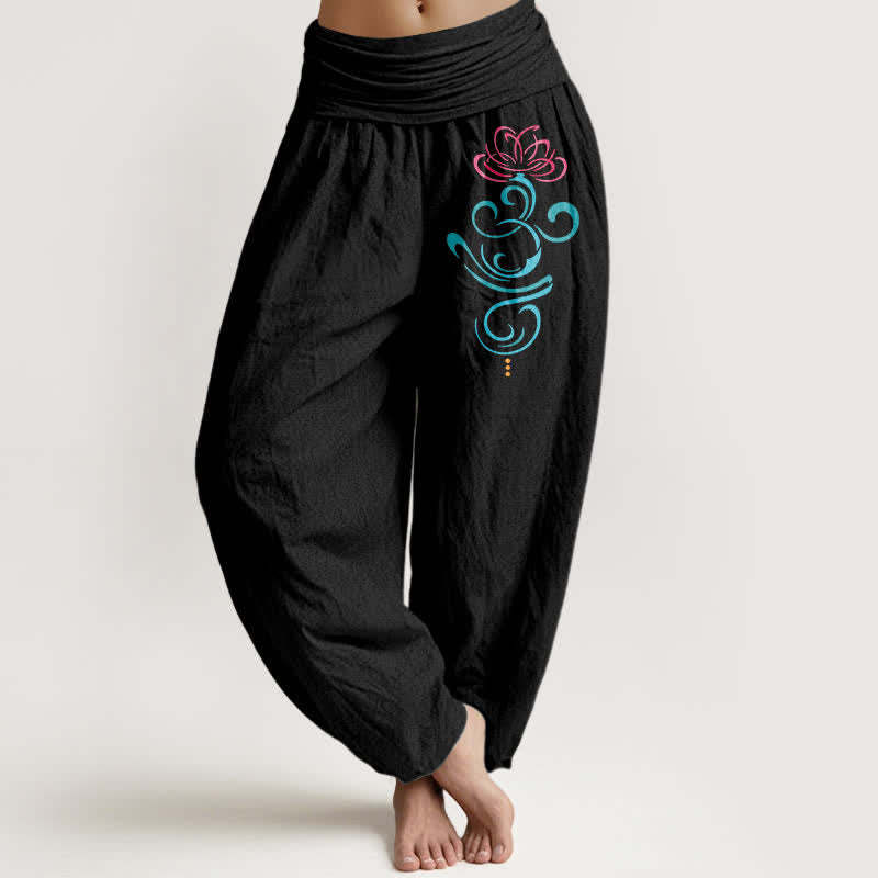 Buddha Stones Pantaloni harem da donna in puro cotone, rosa intenso con motivo a spirale blu loto e vita elasticizzata. - Nero - US16, UK/AU20, EU48 (3XL) - image 0