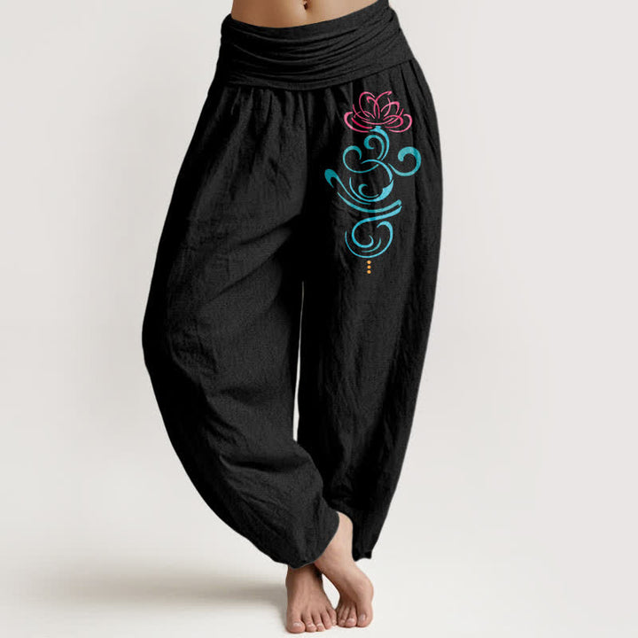Buddha Stones Pantaloni harem da donna in puro cotone, rosa intenso con motivo a spirale blu loto e vita elasticizzata. - Nero - US16, UK/AU20, EU48 (3XL) - image 0