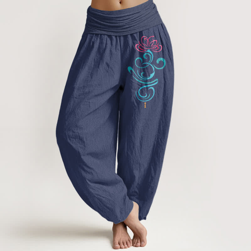 Buddha Stones Pantaloni harem da donna in puro cotone, rosa intenso con motivo a spirale blu loto e vita elasticizzata. - Blu ardesia scuro - US16, UK/AU20, EU48 (3XL) - image 5