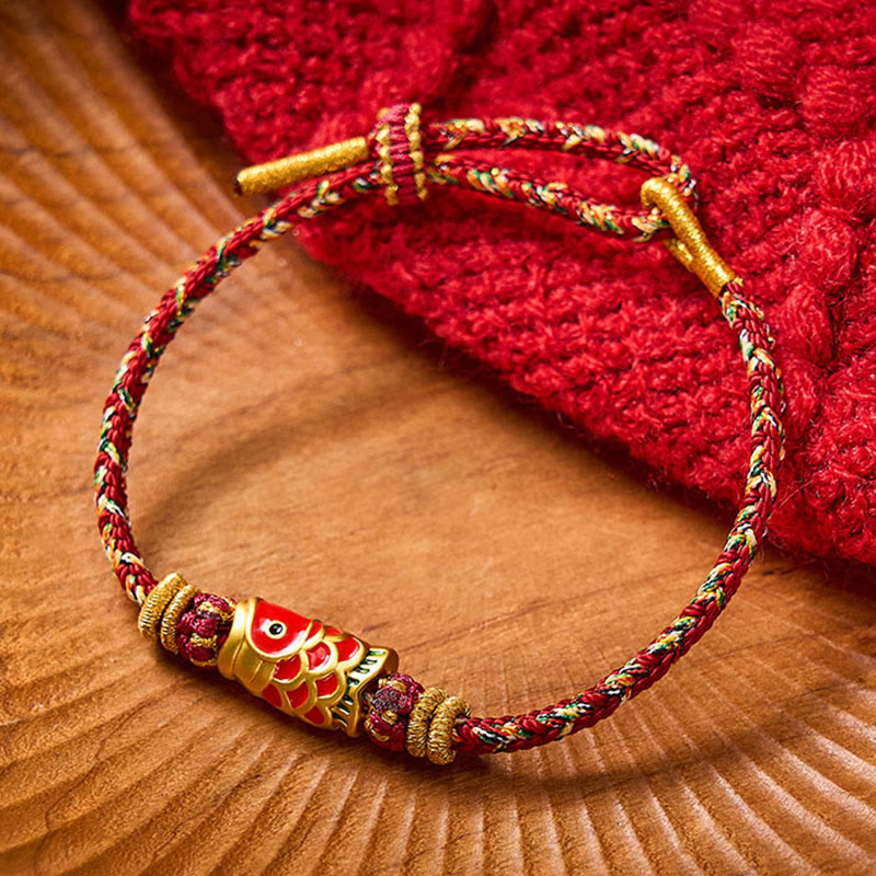 Buddha Stones Braccialetto di protezione con fiori e pesci koi, intrecciato a mano con cordino rosso. - Marrone - Con accessorio per pesci koi - image 0