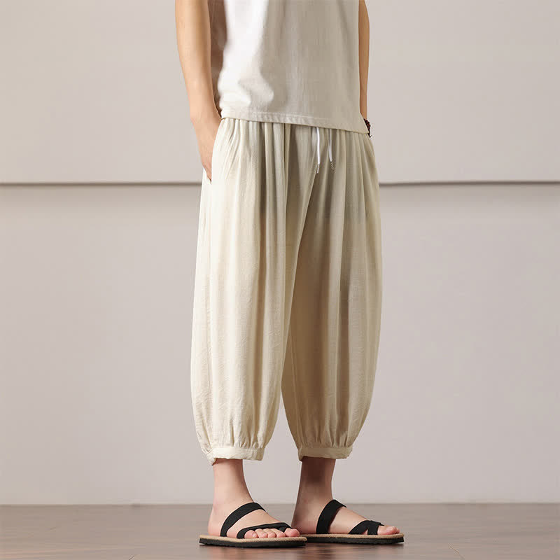 Buddha Stones Pantaloni capri estivi casual minimalisti con coulisse, pantaloni harem da uomo con tasca - image 16