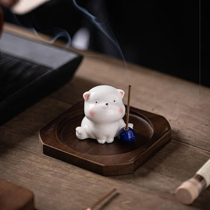 Buddha Stones Bruciatore di incenso minimalista in ceramica bianca a forma di gatto con pompon (senza incenso) - image 14