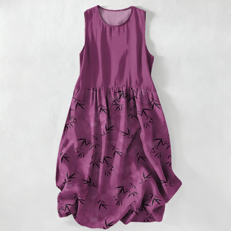 Buddha Stones Abito midi estivo casual da donna con motivo a foglie di bambù e tasche. - Rosso viola medio - US16, UK/AU20, EU48 (3XL) - image 0