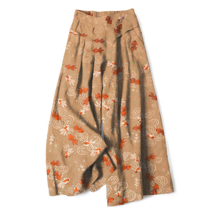 Buddha Stones Pantaloni da donna in cotone e lino con elastico in vita e gamba larga, fantasia con pesci koi e tasche. - Legno robusto - US16, UK/AU20, EU48 (3XL) - image 6