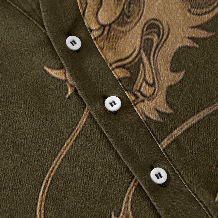 Buddha Stones Camicia da uomo a maniche corte con mezza abbottonatura, in cotone, con motivo drago dorato. - image 3
