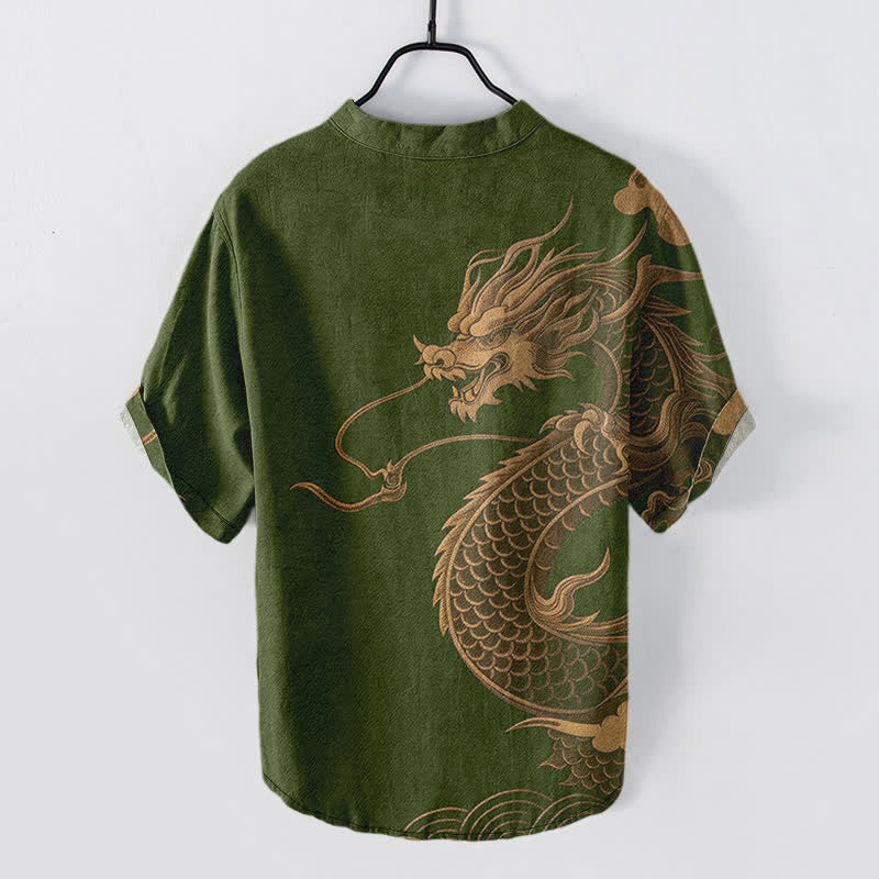 Buddha Stones Camicia da uomo a maniche corte con mezza abbottonatura, in cotone, con motivo drago dorato. - image 8