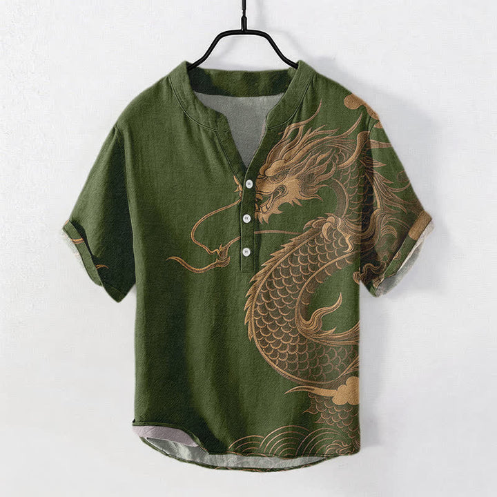 Buddha Stones Camicia da uomo a maniche corte con mezza abbottonatura, in cotone, con motivo drago dorato. - Verde oliva scuro - US/UK/AU50, EU60 (5XL) - image 7
