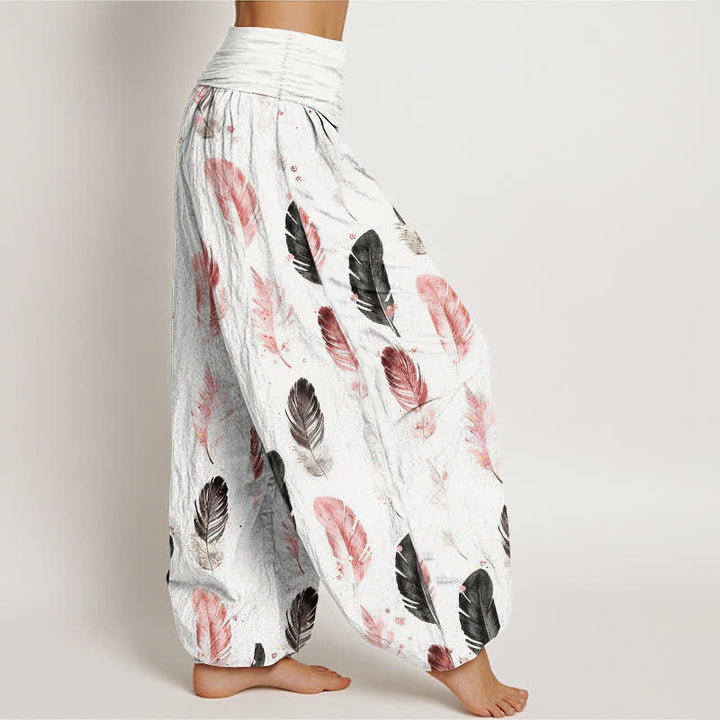 Buddha Stones Pantaloni harem da donna in puro cotone con fantasia a piume e vita elasticizzata - image 1