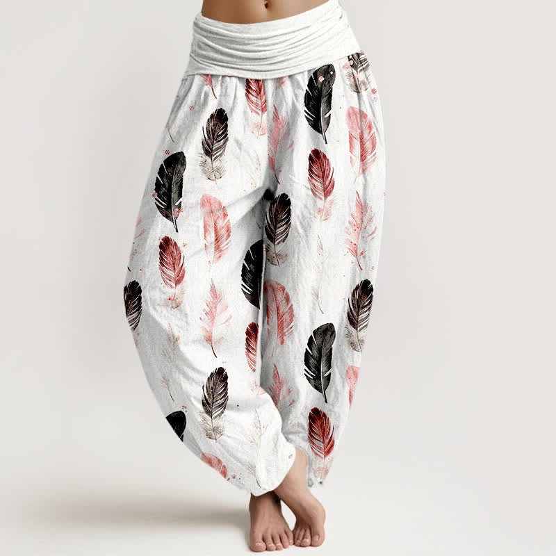 Buddha Stones Pantaloni harem da donna in puro cotone con fantasia a piume e vita elasticizzata - Bianco - US16, UK/AU20, EU48 (3XL) - image 0