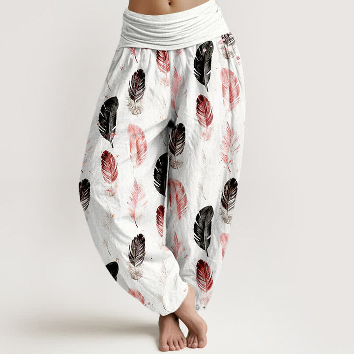 Buddha Stones Pantaloni harem da donna in puro cotone con fantasia a piume e vita elasticizzata - Bianco - US16, UK/AU20, EU48 (3XL) - image 0