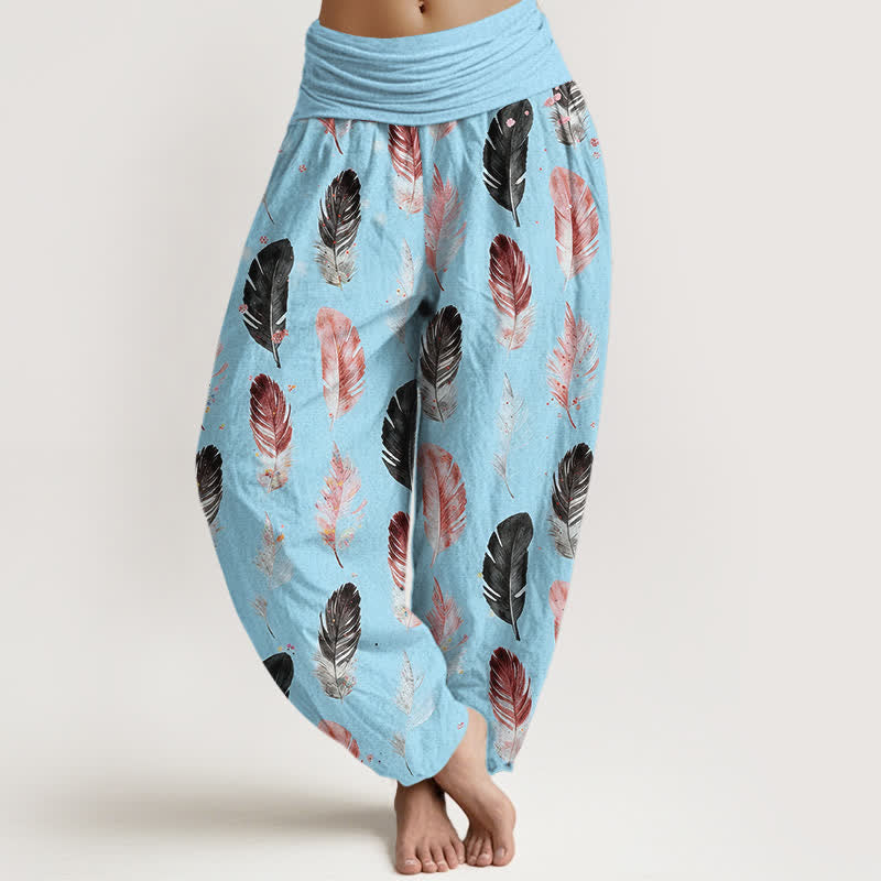 Buddha Stones Pantaloni harem da donna in puro cotone con fantasia a piume e vita elasticizzata - Azzurro chiaro - US16, UK/AU20, EU48 (3XL) - image 8
