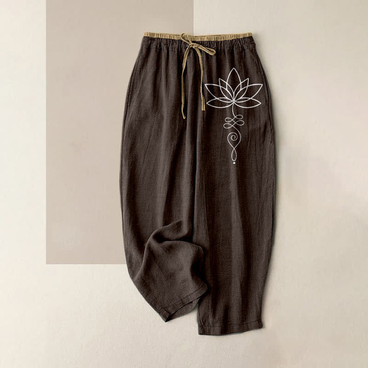 Buddha Stones Pantaloni da donna in puro cotone con motivo zen a loto, elastico in vita e tasche. - Marrone sella - US16, UK/AU20, EU48 (3XL) - image 0