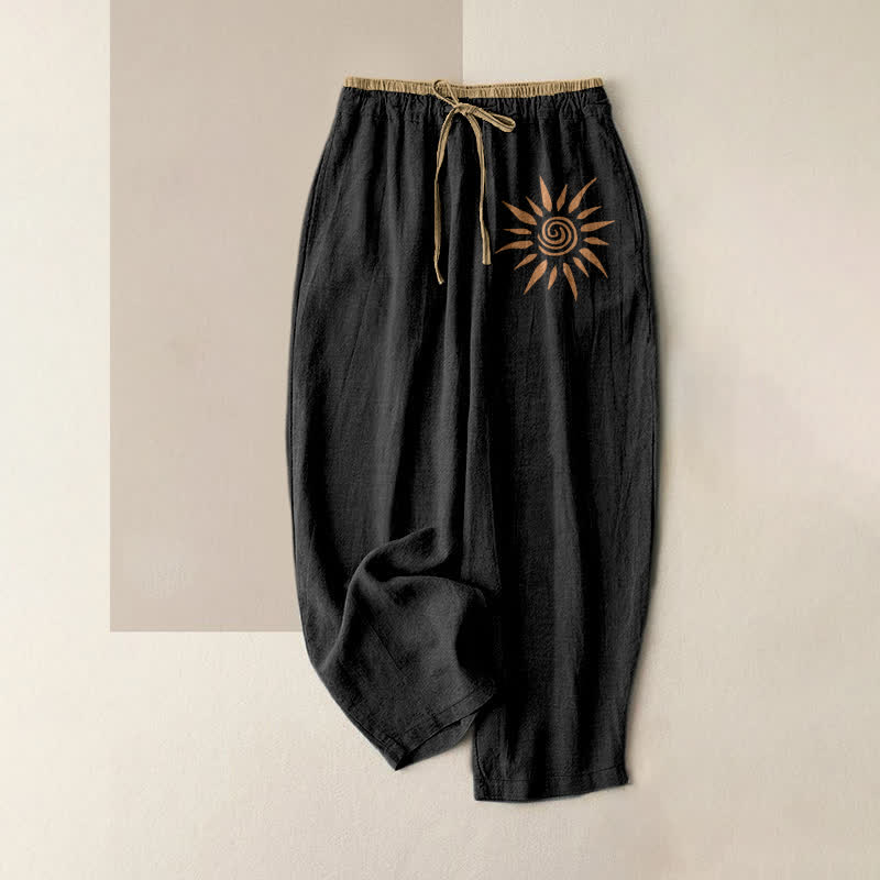 Buddha Stones Pantaloni da donna in cotone con elastico in vita e tasche, fantasia boho a spirale solare. - Nero - US16, UK/AU20, EU48 (3XL) - image 0