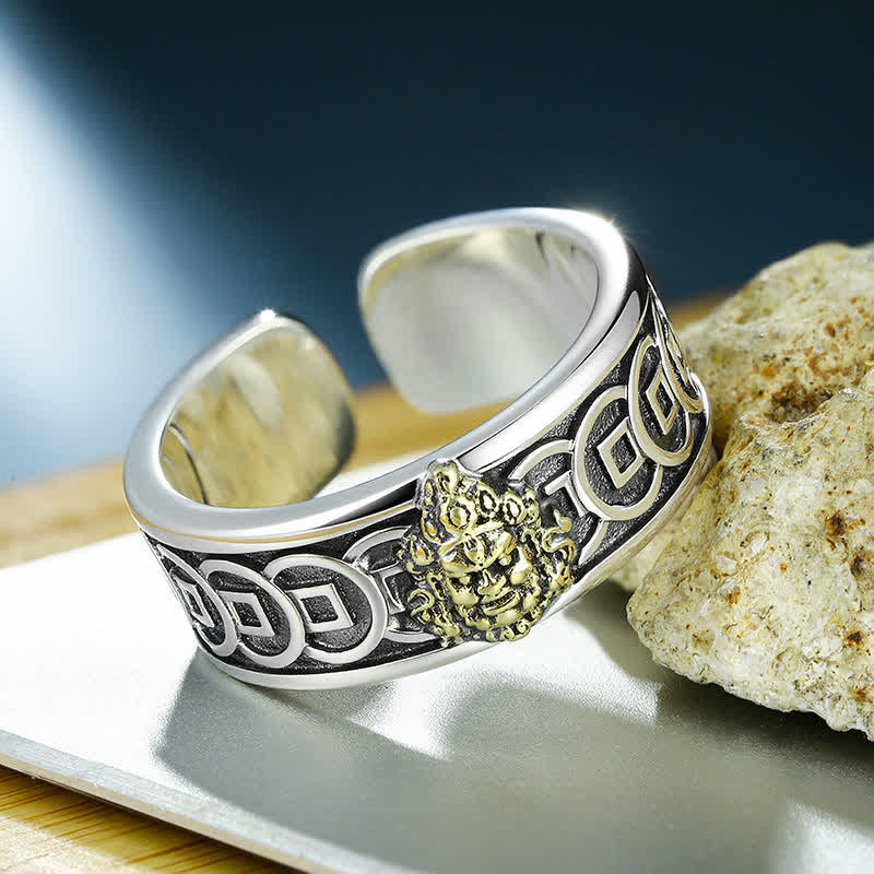 Anello di protezione Jambhala tibetano in rame placcato argento e giallo con Buddha Stones. - image 1