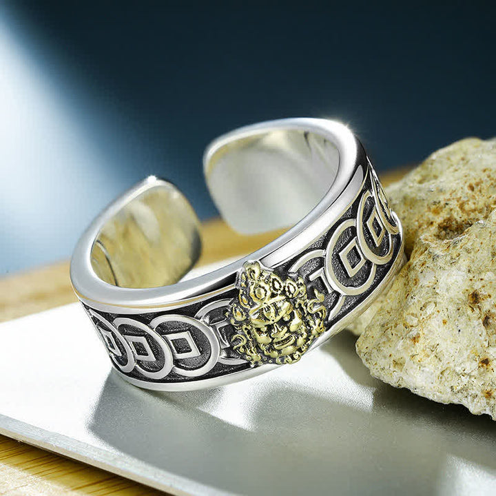 Anello di protezione Jambhala tibetano in rame placcato argento e giallo con Buddha Stones. - image 1