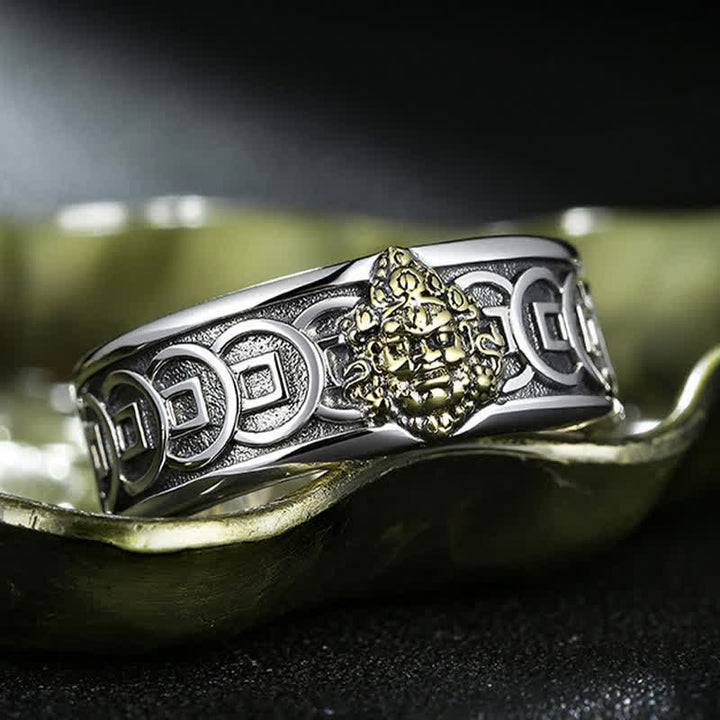 Anello di protezione Jambhala tibetano in rame placcato argento e giallo con Buddha Stones. - image 4