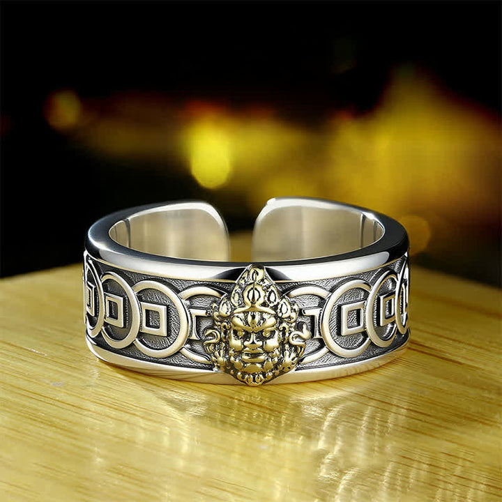 Anello di protezione Jambhala tibetano in rame placcato argento e giallo con Buddha Stones. - 18,1 mm - US 8 - image 0