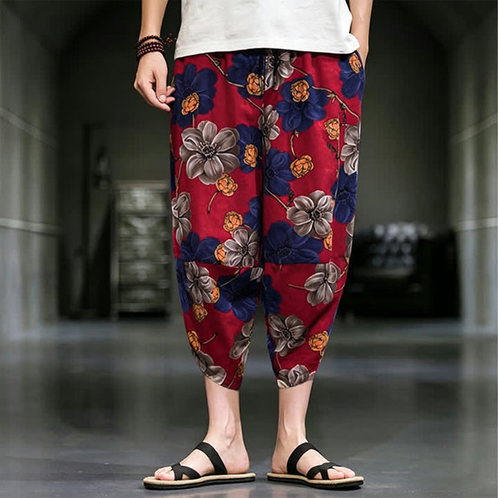 Buddha Stones Pantaloni Capri estivi casual boho con stampa floreale, modello affusolato da uomo con tasche. - FireBrick - US/UK/AU46, EU56 (5XL) - image 11