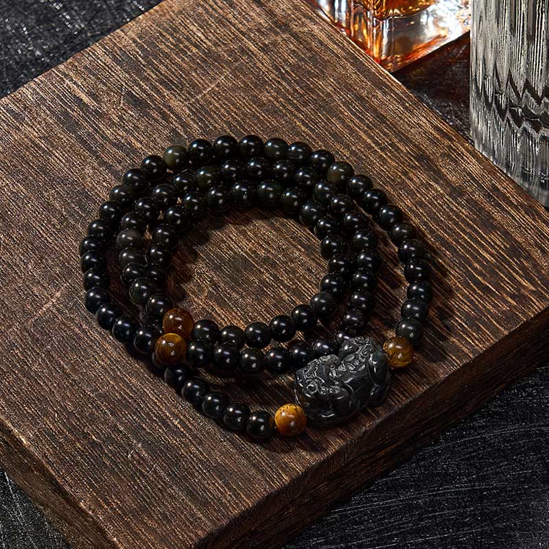 Buddha Stones Bracciale PiXiu con perline intagliate a mano in ossidiana arcobaleno e ossidiana nera, simbolo di ricchezza. - image 2