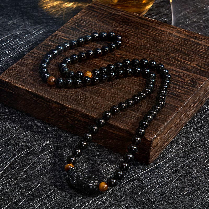 Buddha Stones Bracciale PiXiu con perline intagliate a mano in ossidiana arcobaleno e ossidiana nera, simbolo di ricchezza. - image 12