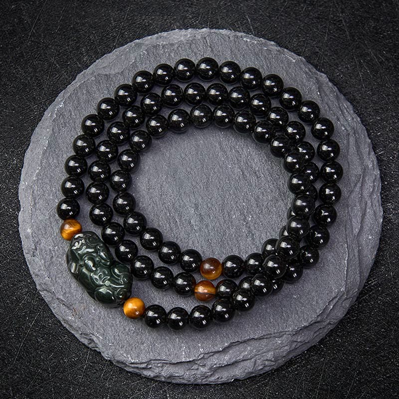 Buddha Stones Bracciale PiXiu con perline intagliate a mano in ossidiana arcobaleno e ossidiana nera, simbolo di ricchezza. - Perla di ossidiana nera (Protezione ♥ Radicamento) - 6 mm - image 9