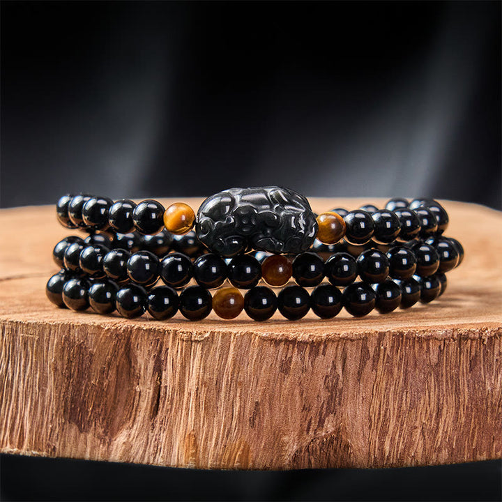 Buddha Stones Bracciale PiXiu con perline intagliate a mano in ossidiana arcobaleno e ossidiana nera, simbolo di ricchezza. - image 10