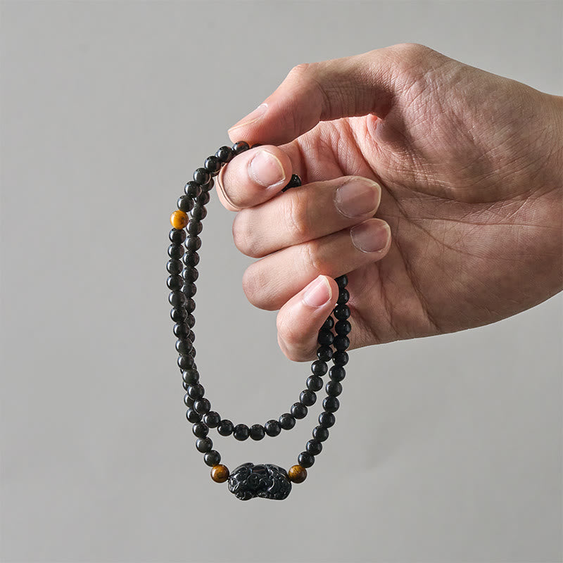 Buddha Stones Bracciale PiXiu con perline intagliate a mano in ossidiana arcobaleno e ossidiana nera, simbolo di ricchezza. - image 6