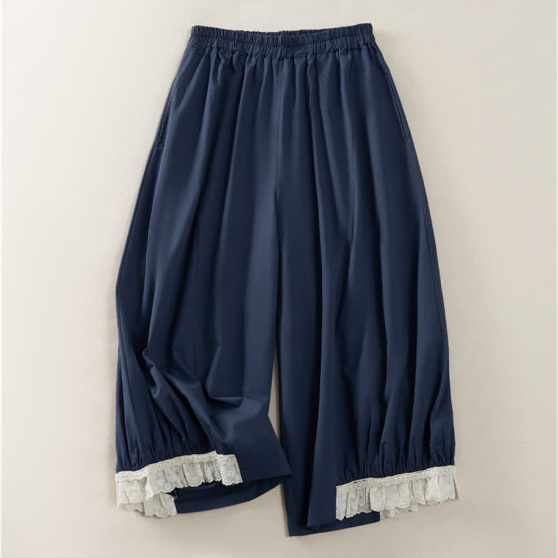 Buddha Stones Pantaloni estivi casual vintage a tinta unita, modello cropped da donna, a gamba larga con tasca - Blu notte - US12, UK/AU16, EU44 (2XL) - image 0