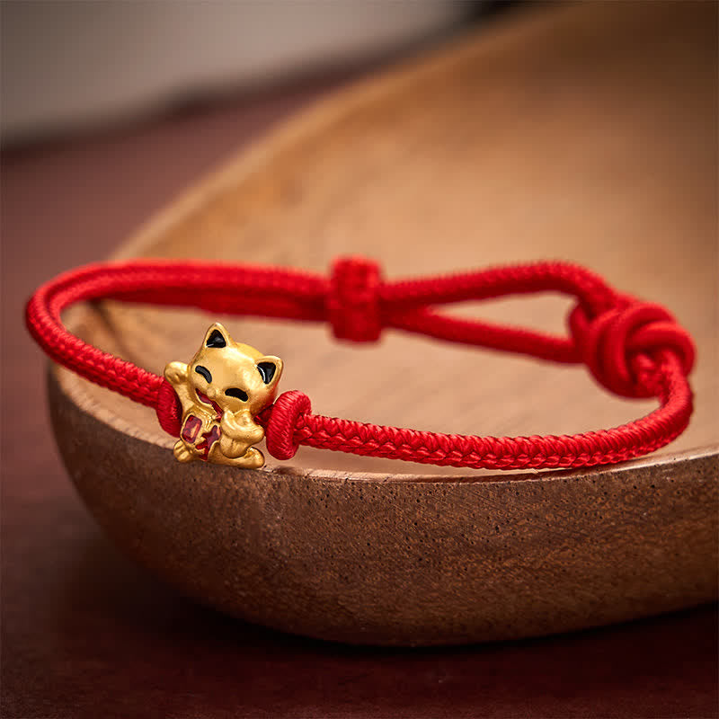 Buddha Stones Braccialetto regolabile con gatto portafortuna dorato e cordino rosso intrecciato, fatto a mano. - Rosso - 5,91-7,48 pollici (15-19 cm) - image 6
