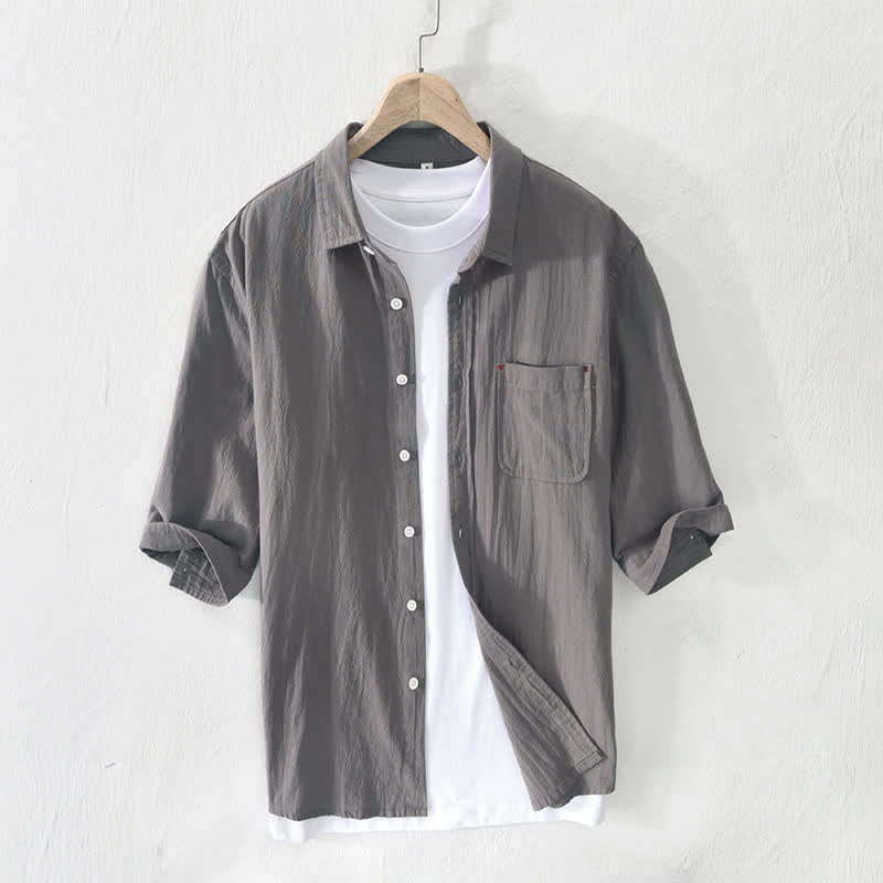 Buddha Stones Camicia da uomo estiva casual minimalista a maniche corte in cotone e lino tinta unita con taschino e bottoni. - Grigio - US/UK/AU42, EU52 (3XL) - image 0