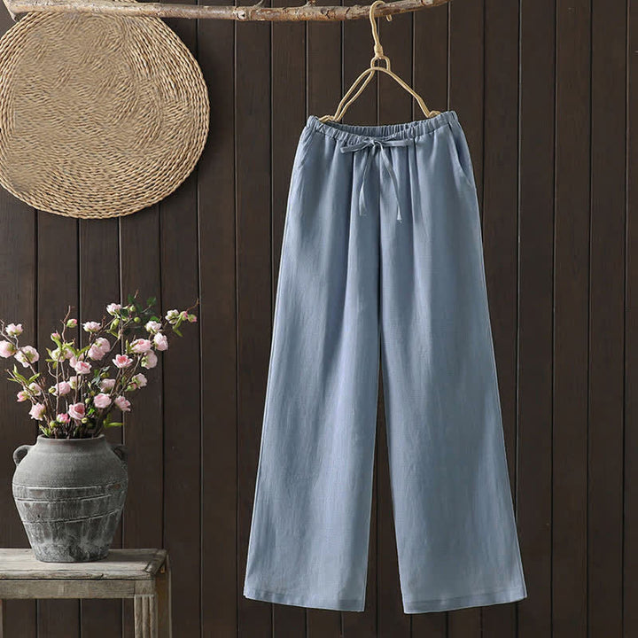 Buddha Stones Pantaloni estivi casual minimalisti con coulisse in cotone e lino tinta unita, modello alla caviglia, da donna, a gamba dritta con tasca. - Azzurro chiaro - US8-10, UK/AU12-14, EU40-42 (2XL) - image 0