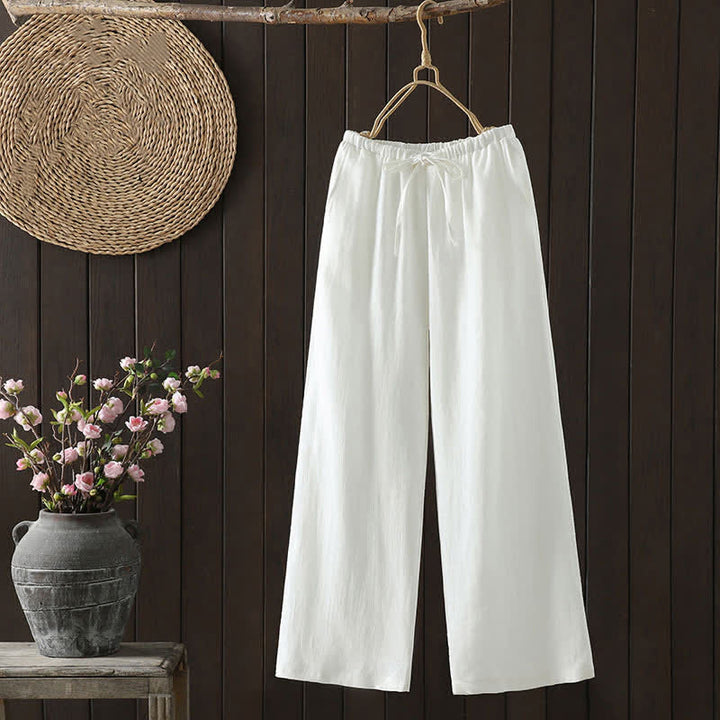 Buddha Stones Pantaloni estivi casual minimalisti con coulisse in cotone e lino tinta unita, modello alla caviglia, da donna, a gamba dritta con tasca. - Bianco - US8-10, UK/AU12-14, EU40-42 (2XL) - image 5