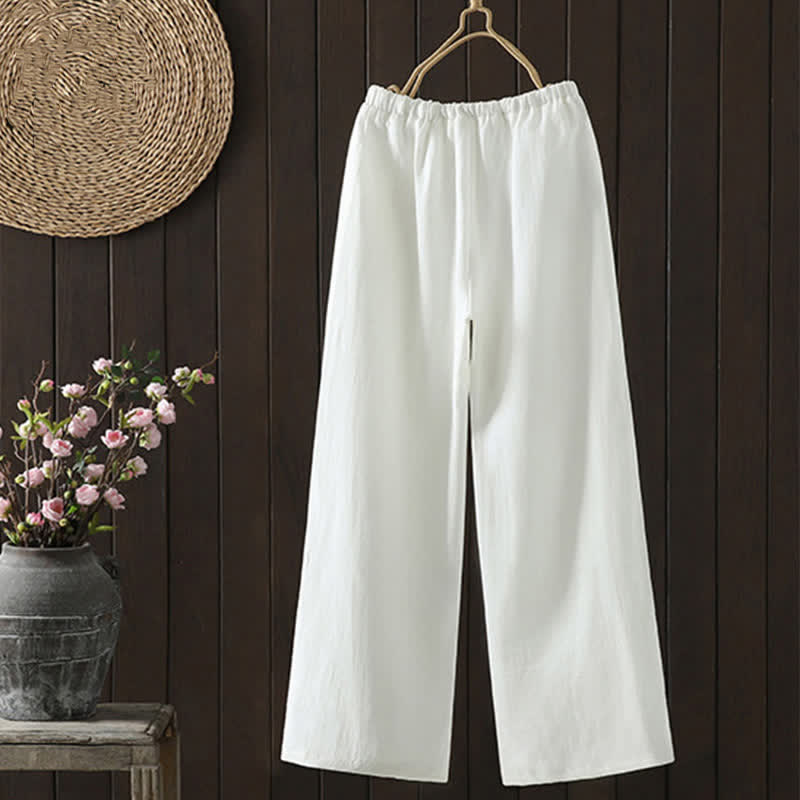 Buddha Stones Pantaloni estivi casual minimalisti con coulisse in cotone e lino tinta unita, modello alla caviglia, da donna, a gamba dritta con tasca. - image 6