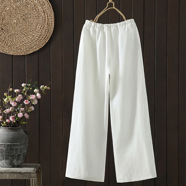 Buddha Stones Pantaloni estivi casual minimalisti con coulisse in cotone e lino tinta unita, modello alla caviglia, da donna, a gamba dritta con tasca. - image 6