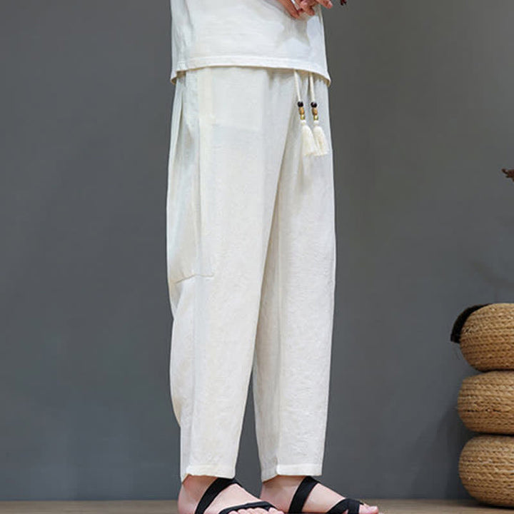 Pantaloni da uomo a gamba dritta, minimalisti, estivi, casual, con coulisse e tasca, con motivo Buddha Stones. - Bianco Floreale - US/UK/AU46, EU56 (5XL) - image 9