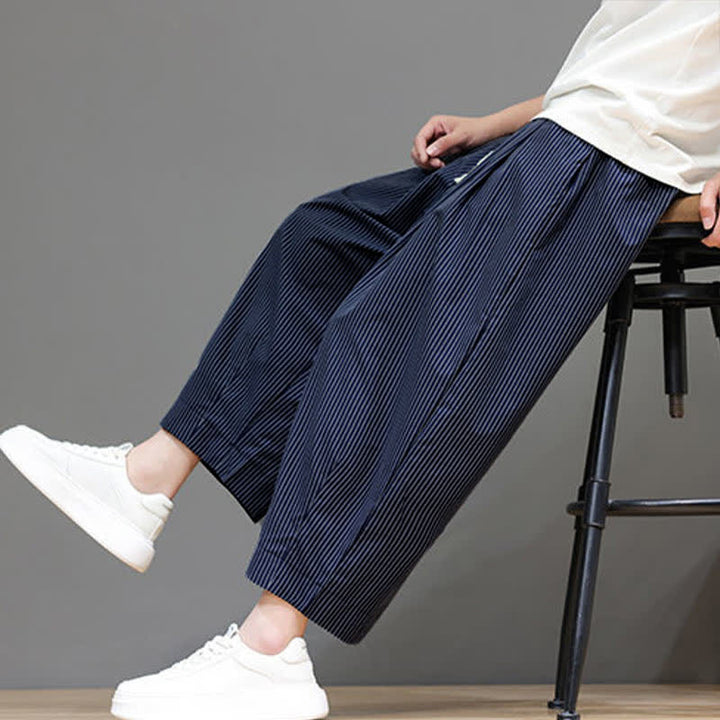 Pantaloni Capri estivi casual con coulisse e righe, modello Buddha Stones, pantaloni harem da uomo con tasca - Blu ardesia scuro - US/UK/AU46, EU56 (5XL) - image 0