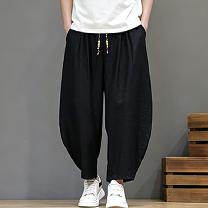 Buddha Stones Pantaloni corti estivi casual minimalisti con coulisse, modello harem da uomo con tasca - image 12
