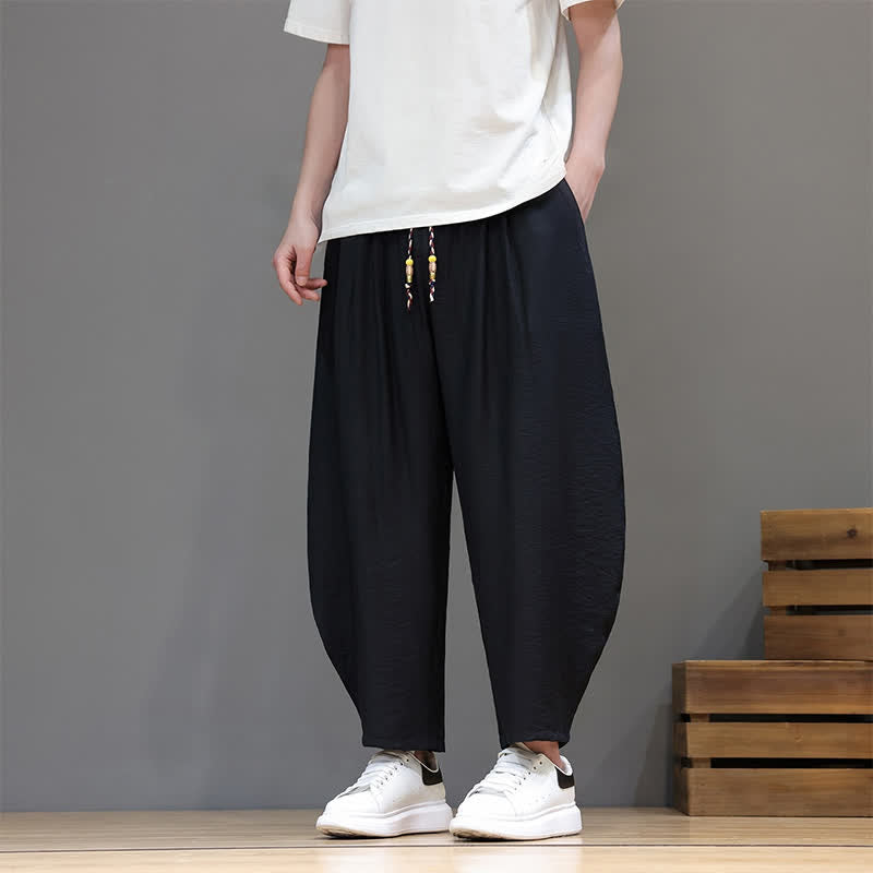 Buddha Stones Pantaloni corti estivi casual minimalisti con coulisse, modello harem da uomo con tasca - Nero - US/UK/AU46, EU56 (5XL) - image 8