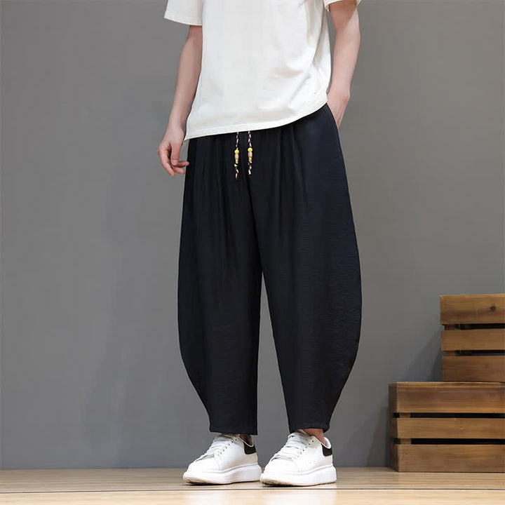 Buddha Stones Pantaloni corti estivi casual minimalisti con coulisse, modello harem da uomo con tasca - Nero - US/UK/AU46, EU56 (5XL) - image 8
