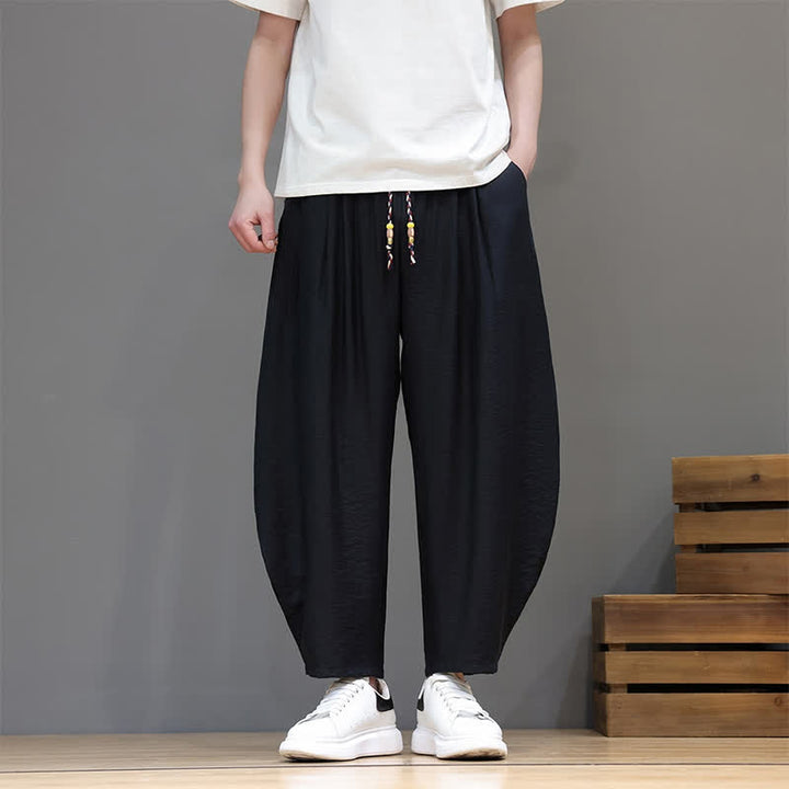 Buddha Stones Pantaloni corti estivi casual minimalisti con coulisse, modello harem da uomo con tasca - image 17