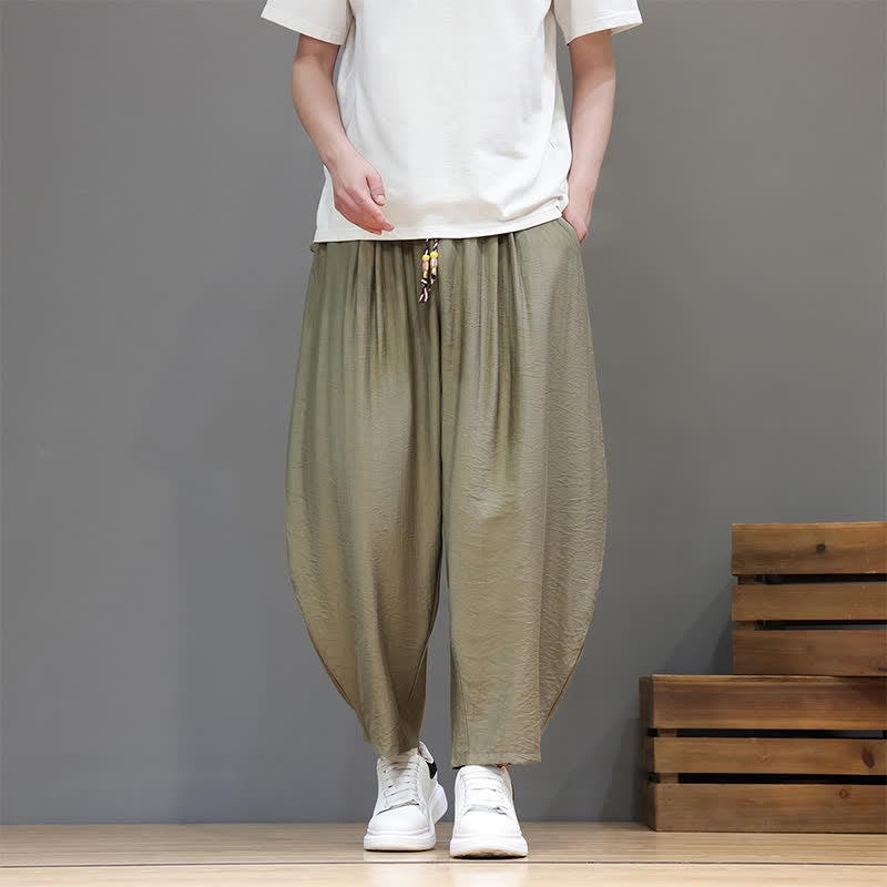 Buddha Stones Pantaloni corti estivi casual minimalisti con coulisse, modello harem da uomo con tasca - image 27
