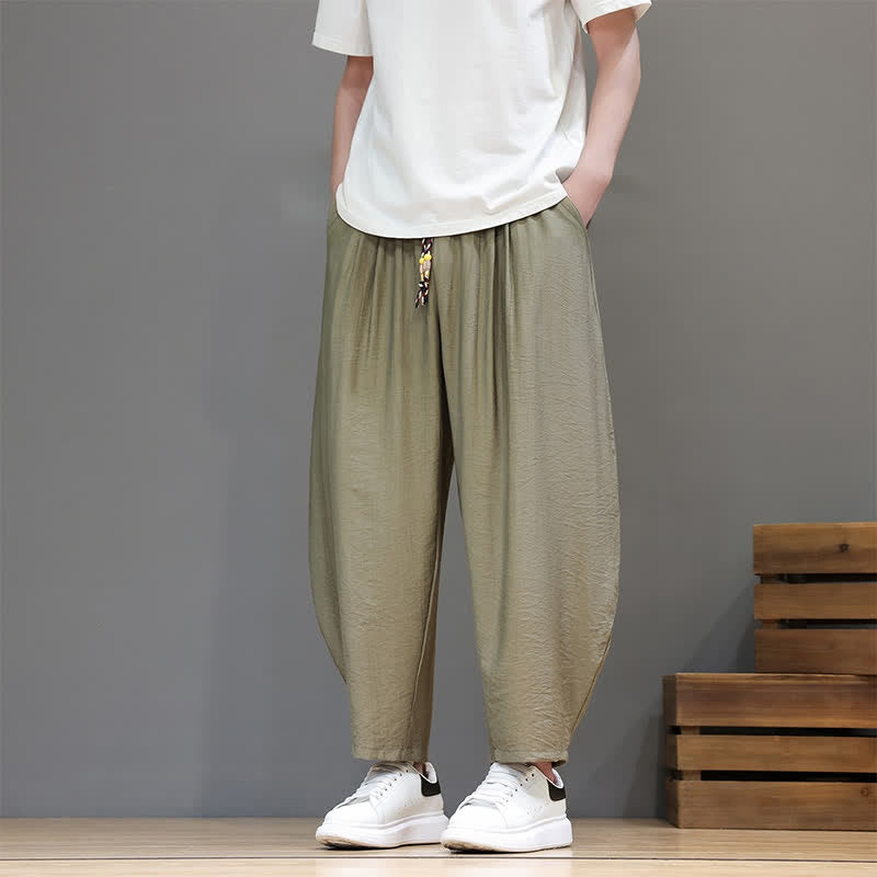 Buddha Stones Pantaloni corti estivi casual minimalisti con coulisse, modello harem da uomo con tasca - Verde oliva - US/UK/AU46, EU56 (5XL) - image 18