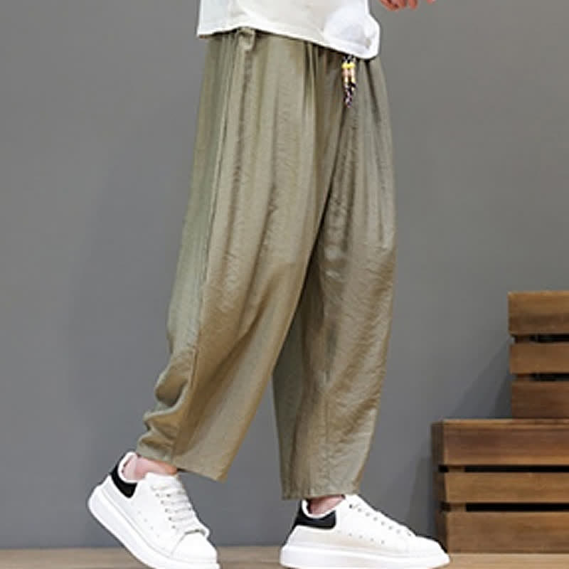 Buddha Stones Pantaloni corti estivi casual minimalisti con coulisse, modello harem da uomo con tasca - image 23