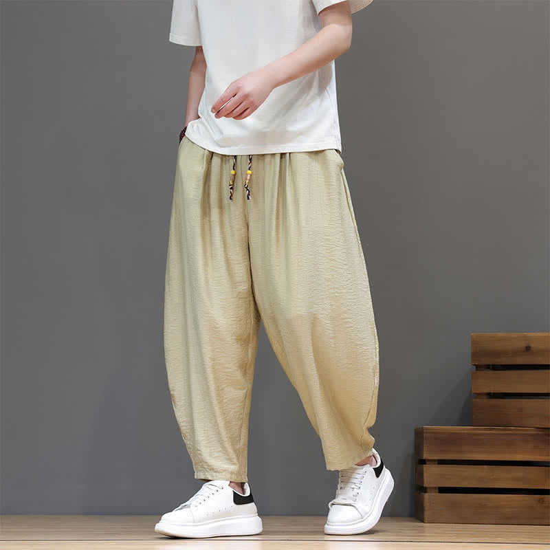 Buddha Stones Pantaloni corti estivi casual minimalisti con coulisse, modello harem da uomo con tasca - image 29